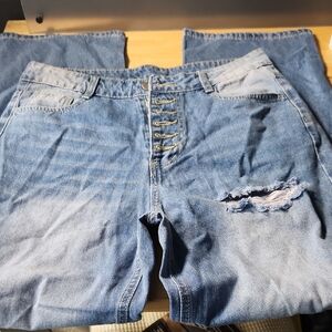 Distressed Blue Button-Fly Jeans